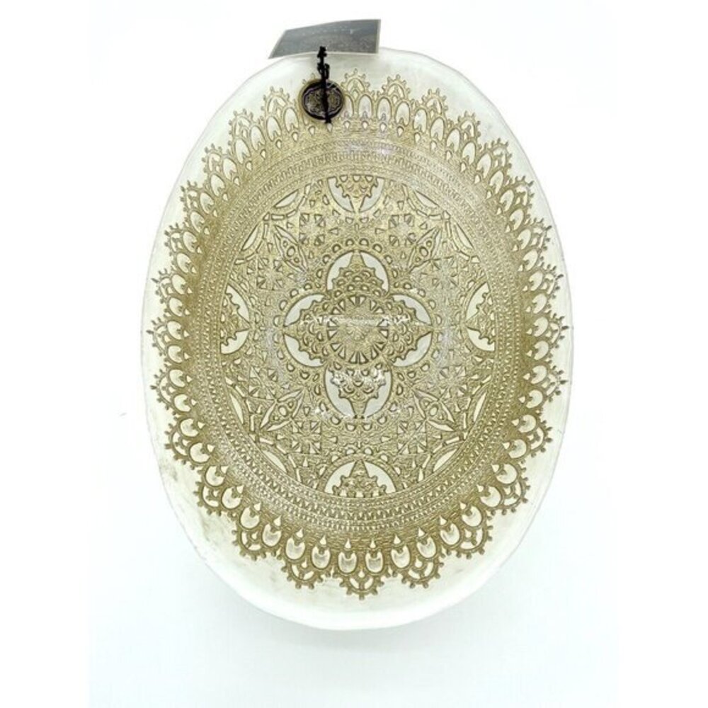 Artistic Accents White Glass Oval Bowl Serving Salad Gold Lace Handmade NWT